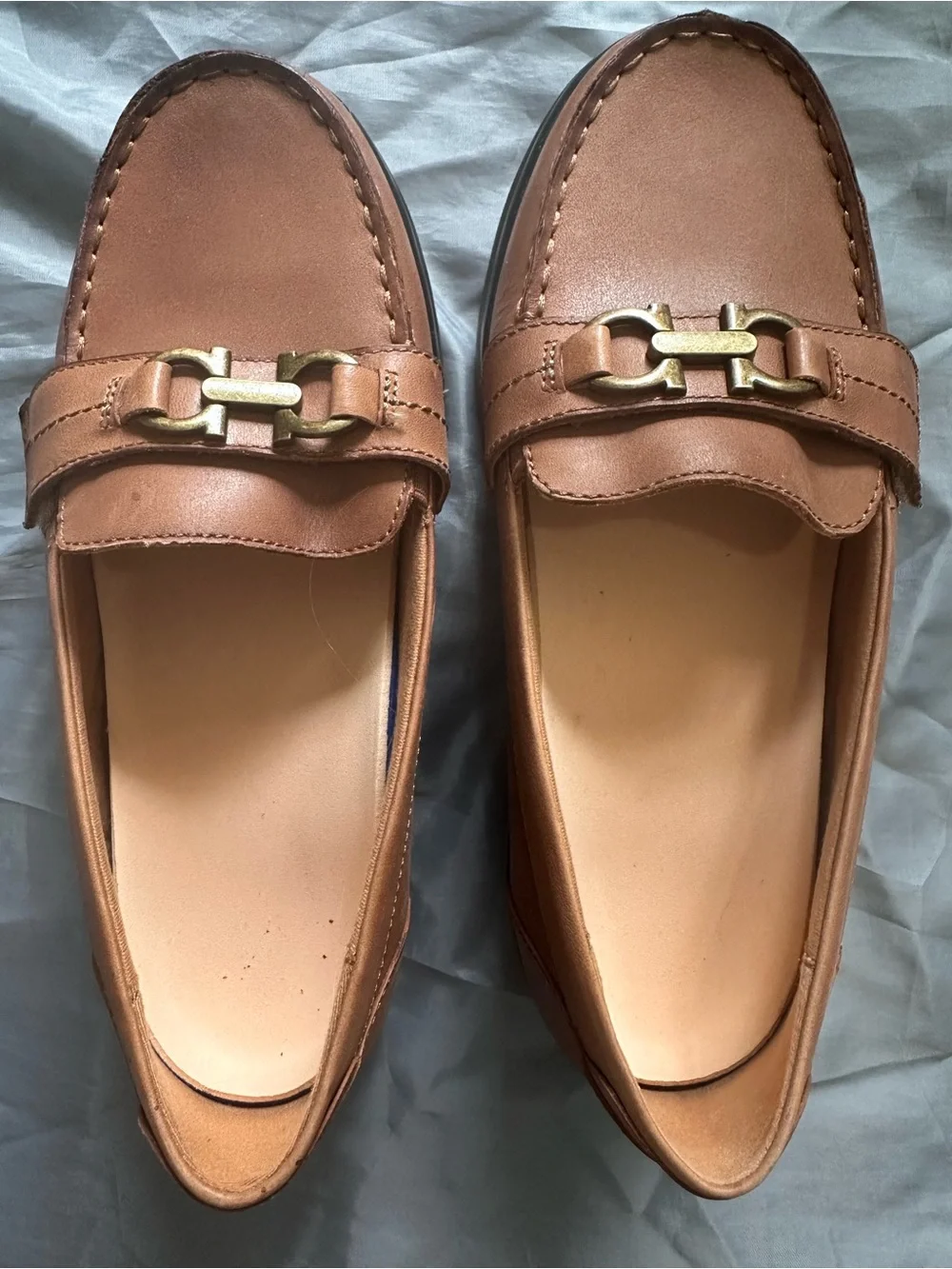 Women's Tan Leather Loafers with Gold Hardware